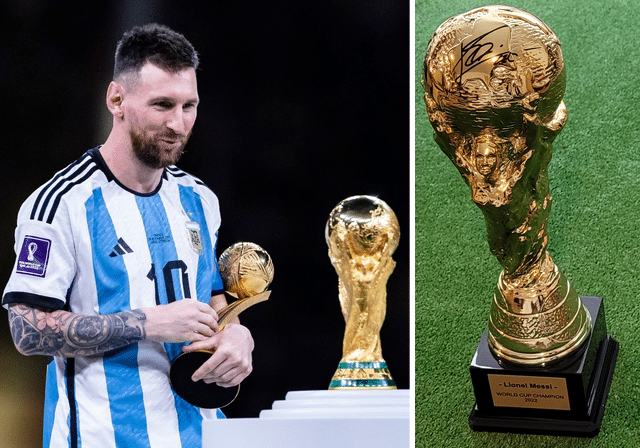 Einmalige Auktion: Lionel Messi signiert einen Weltpokal